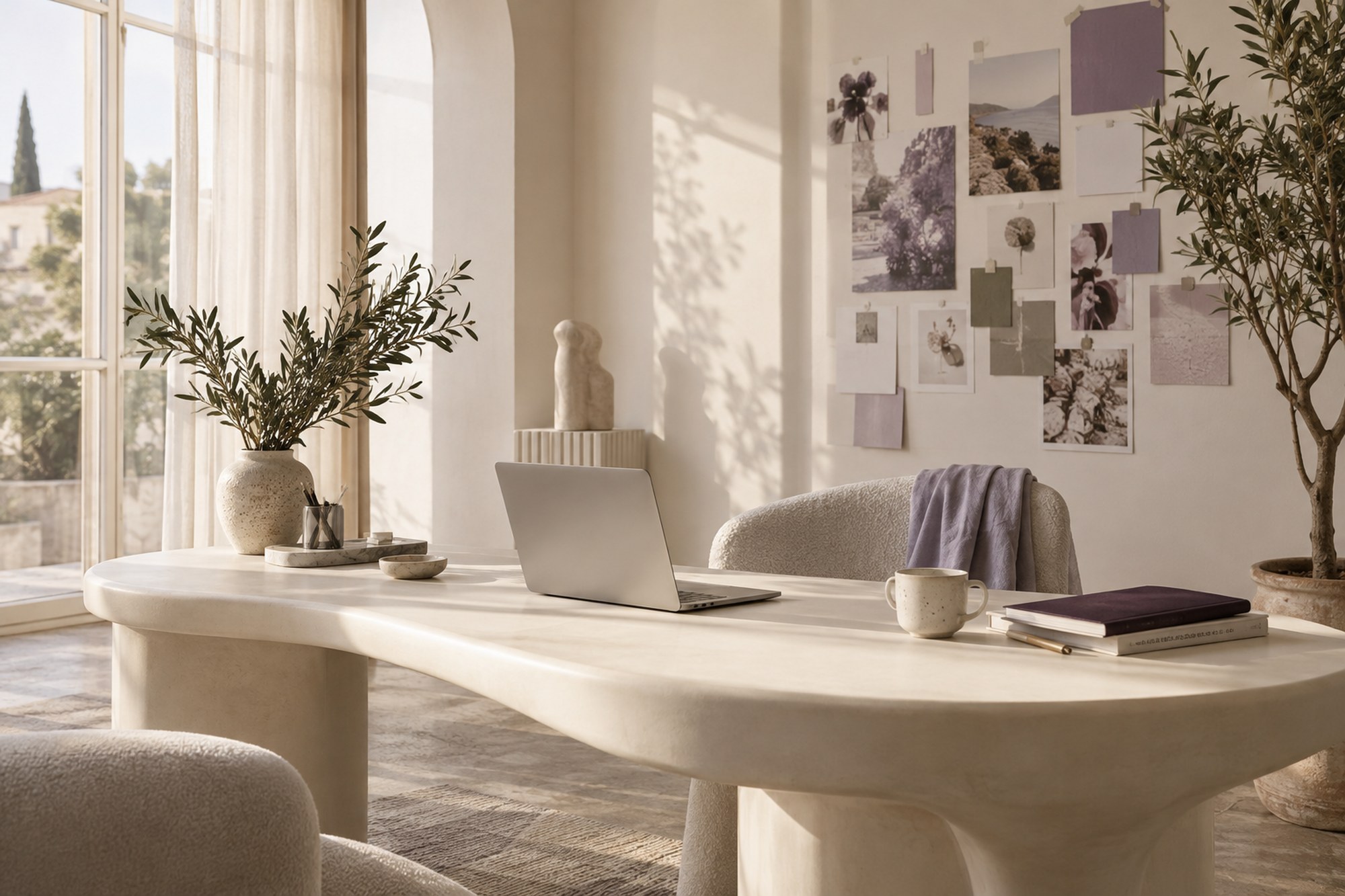 A light-filled creative studio with a moodboard of lavender and botanical prints
