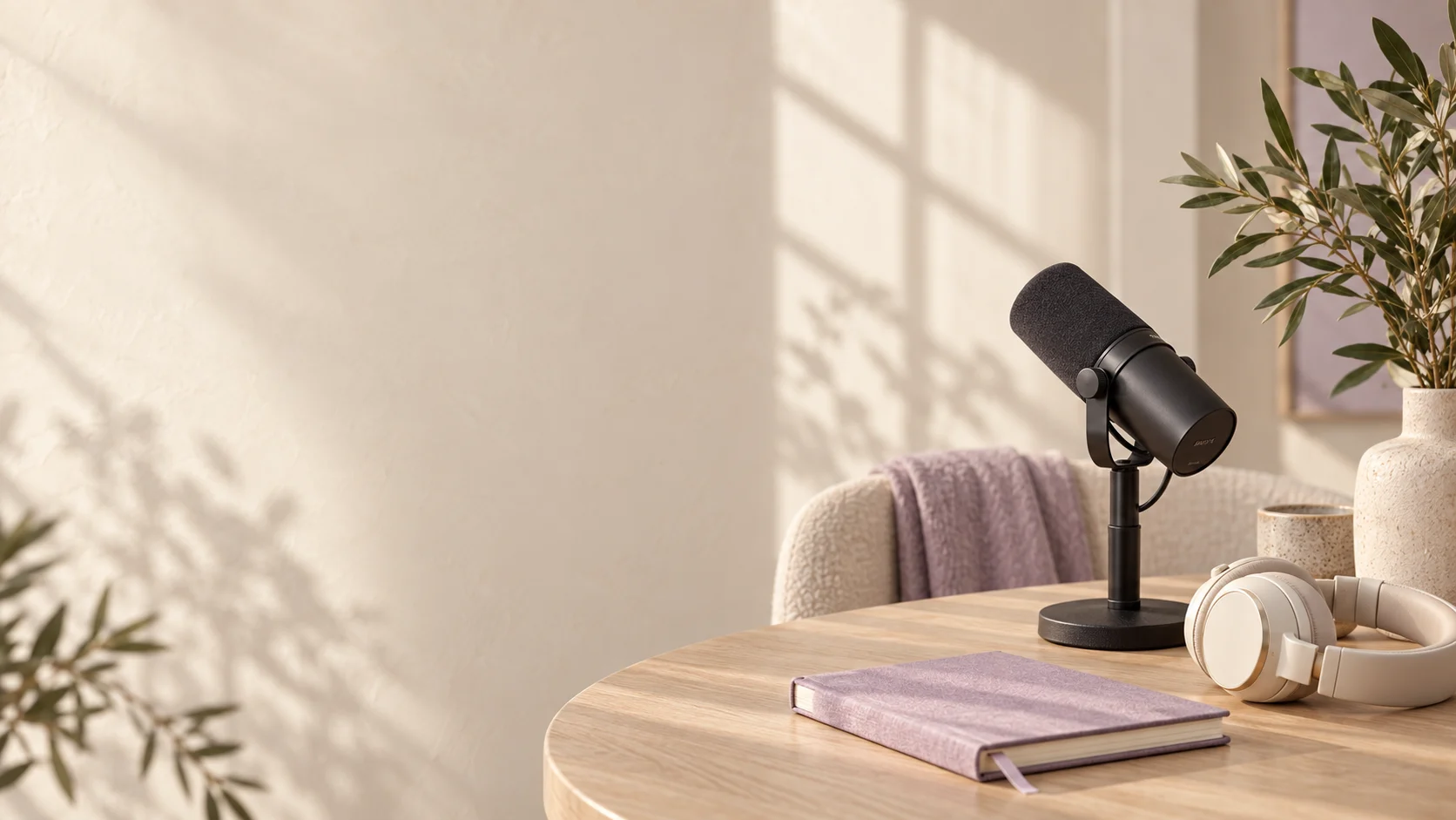 Sunlit podcast recording setup with a microphone, cream headphones and lavender notebook