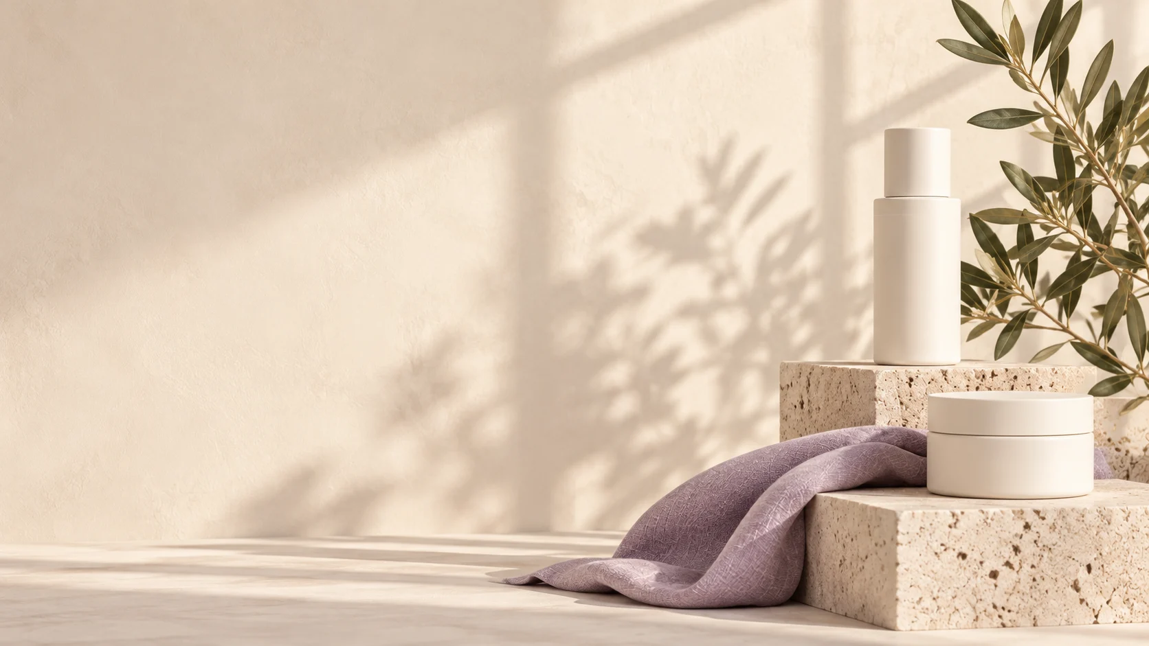 Cream skincare campaign still life with lavender linen, travertine and olive foliage