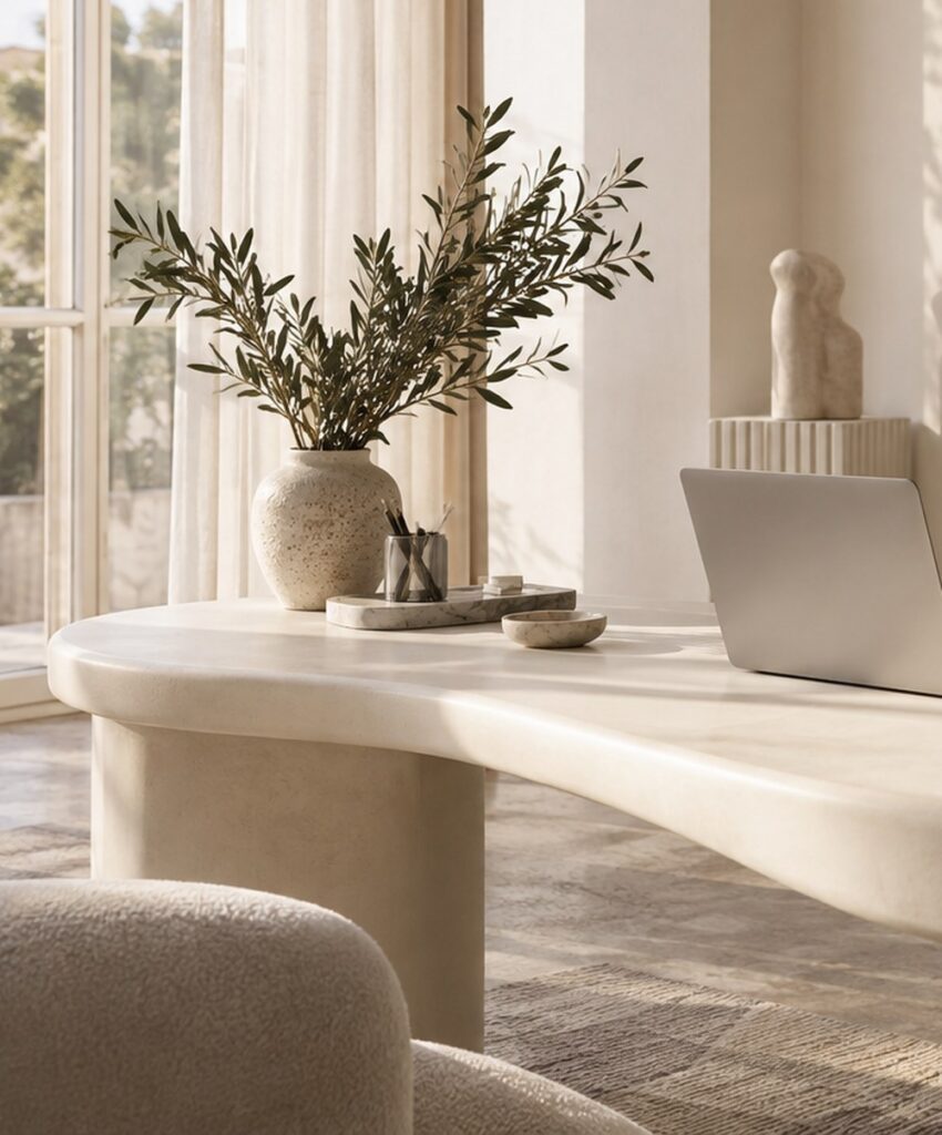 A sculptural white desk with olive branches by a sunny window