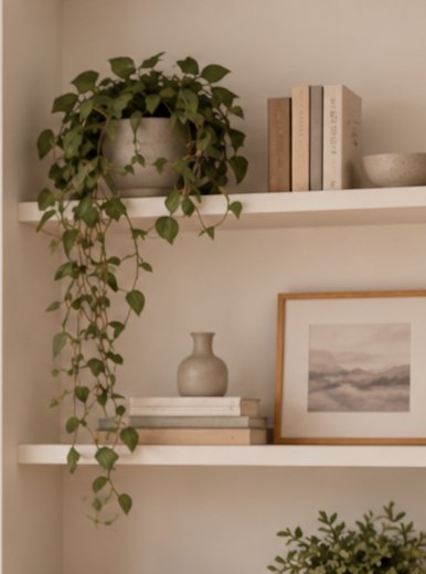 Floating shelves with a framed landscape print and trailing plant