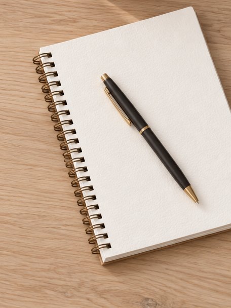 An open notebook with a black pen
