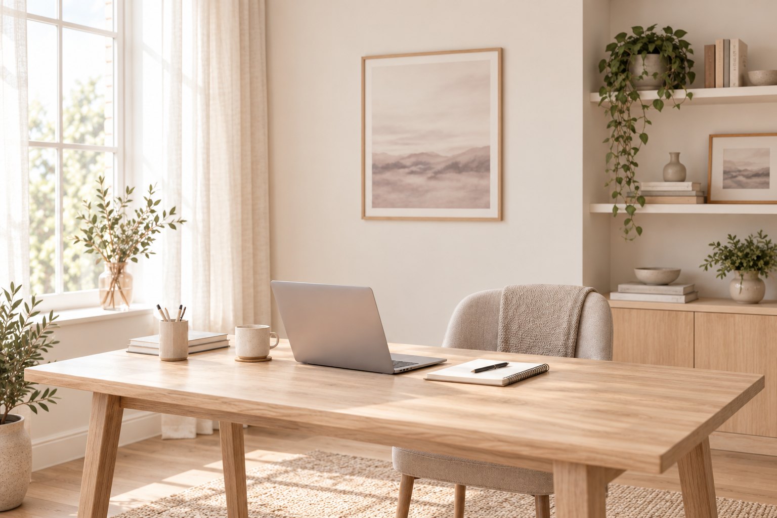 A bright, airy home office with an oak desk and shelves
