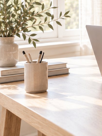 A ceramic pencil cup beside books on an oak desk