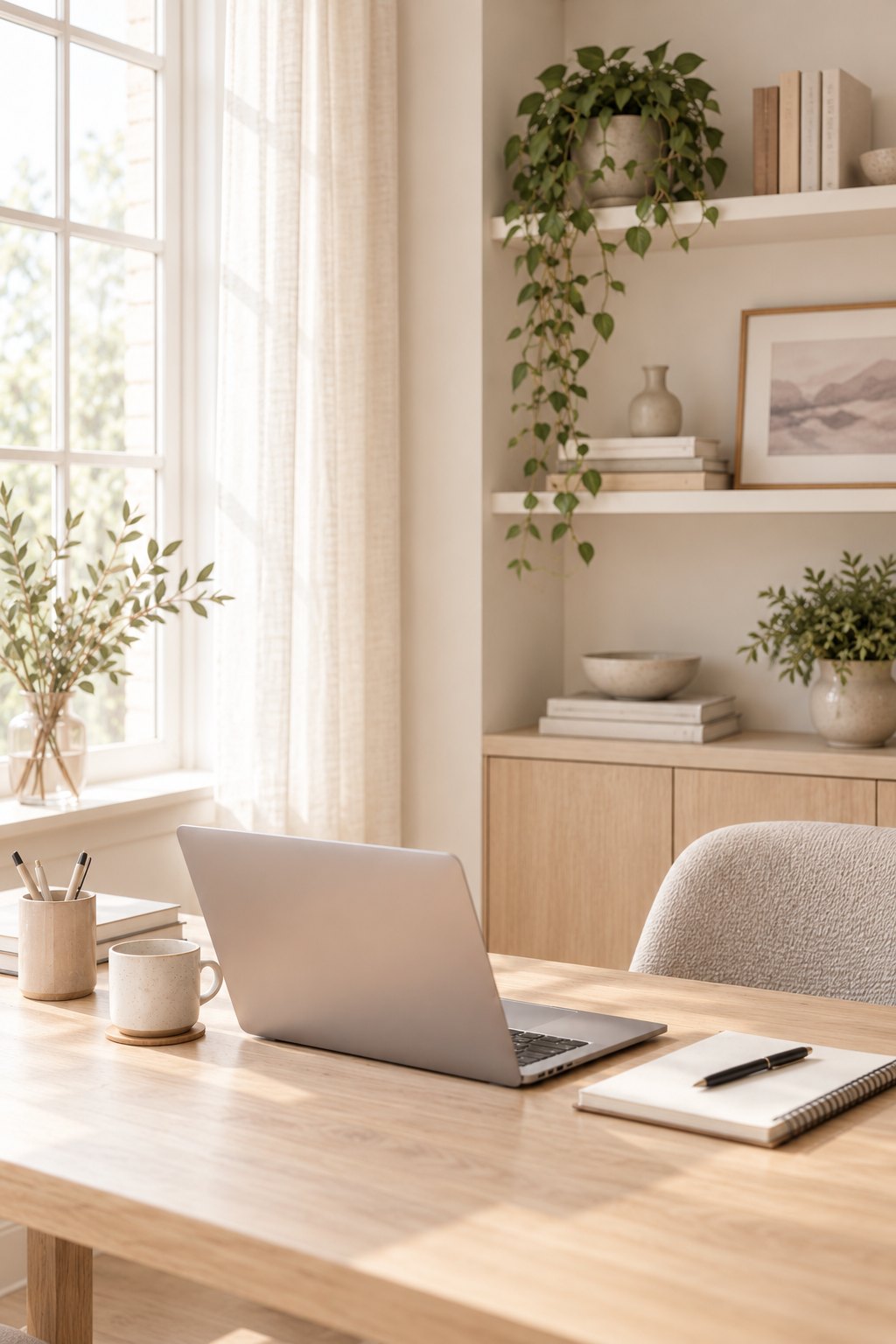 A sunlit workspace with shelves, plants and a laptop