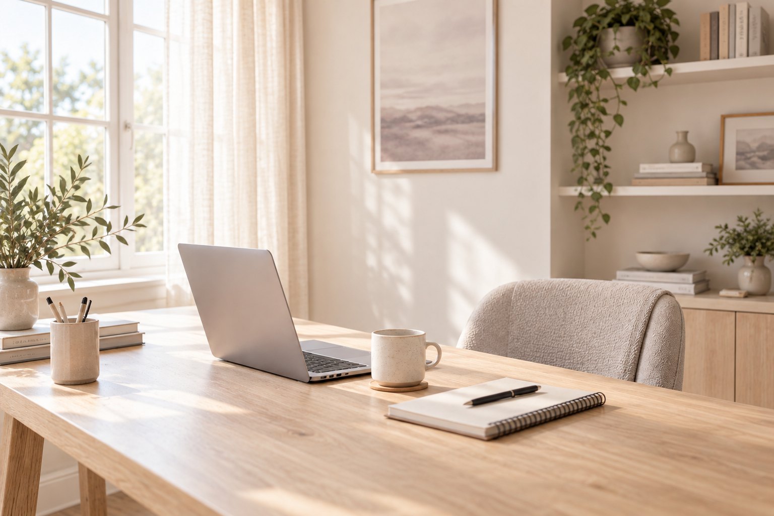 A sunlit oak desk with laptop, mug and notebook