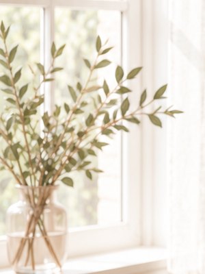 Green stems in a glass vase by the window