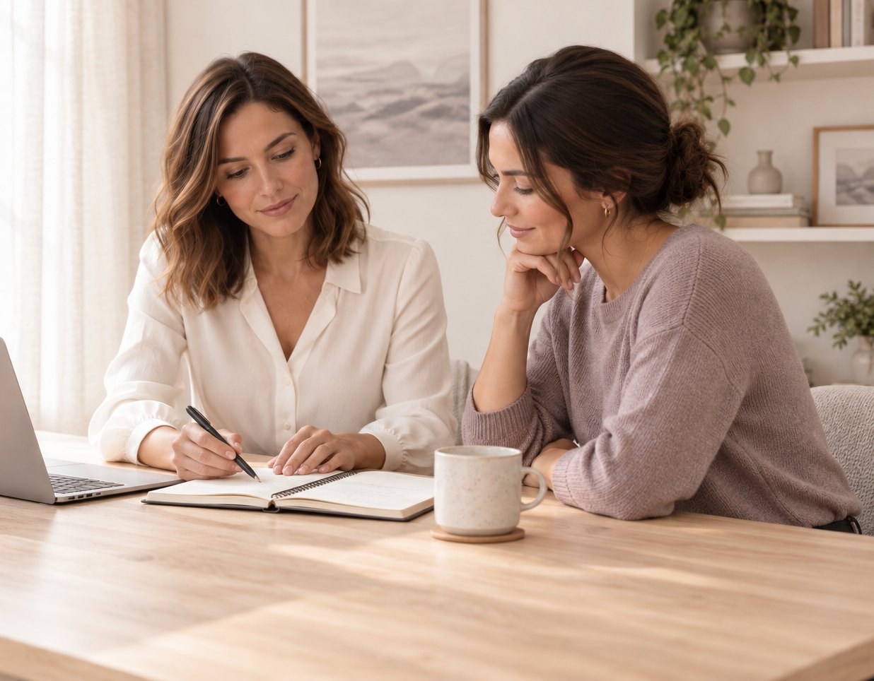 Two women reviewing notes together at a desk