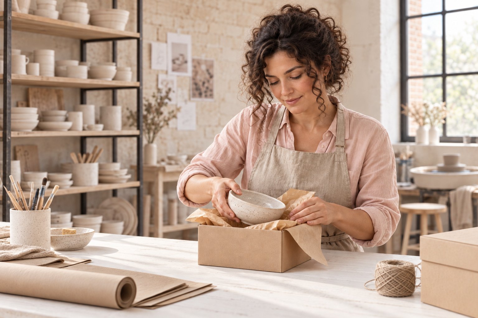 A ceramic maker packing an order in her bright studio
