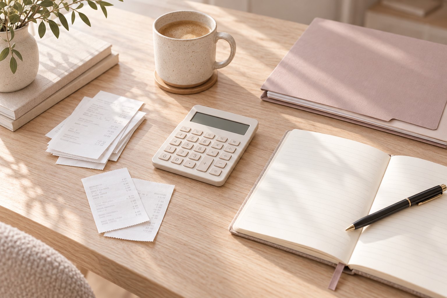Receipts, a calculator, a pink folder and an open notebook on an oak desk